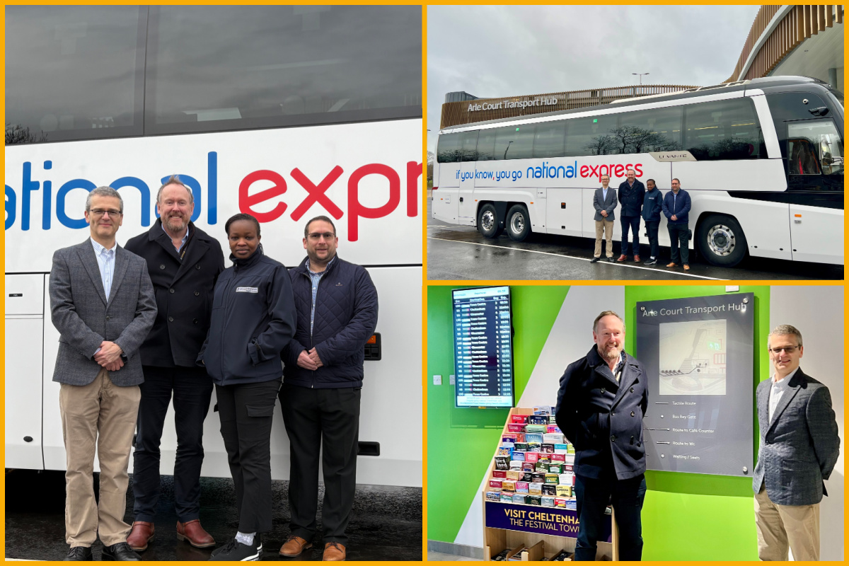 Image (left to right) Andrew Moore (Planning Manager – UK Coach, National Express); Cllr David Gray, Gloucestershire County Council Cabinet Member for Environment and Planning; Toyo Olubunmi (Staff Member, Arle Court Transport Hub); and Gavin Bennet (MD of Partner Operator Bennetts Coaches).